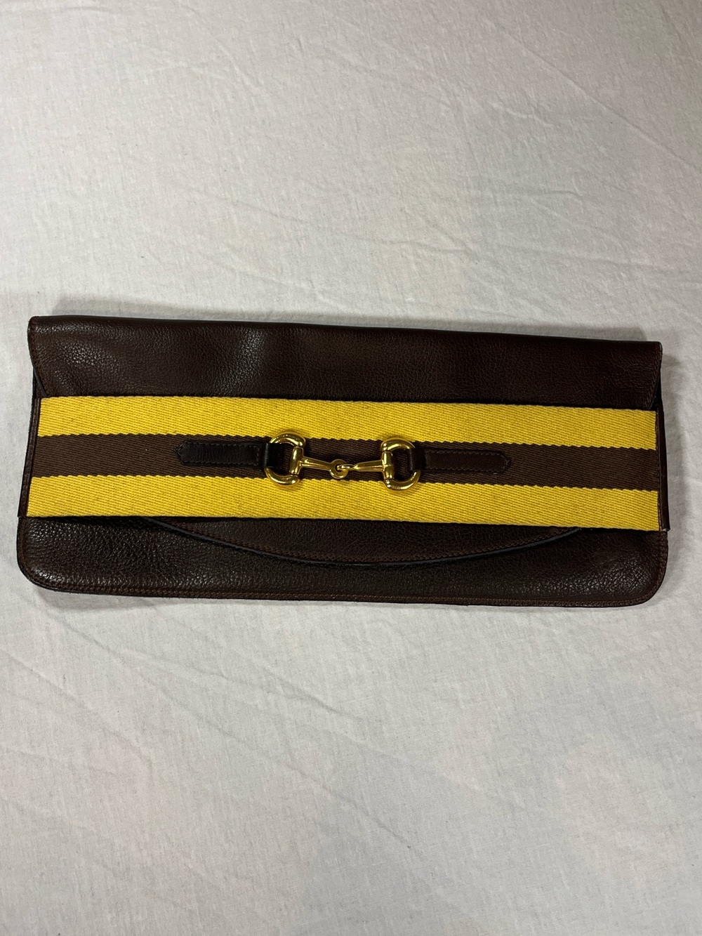 Dark Brown Leather Flap Clutch with Yellow Stripe & Gold Horsebit Hardware